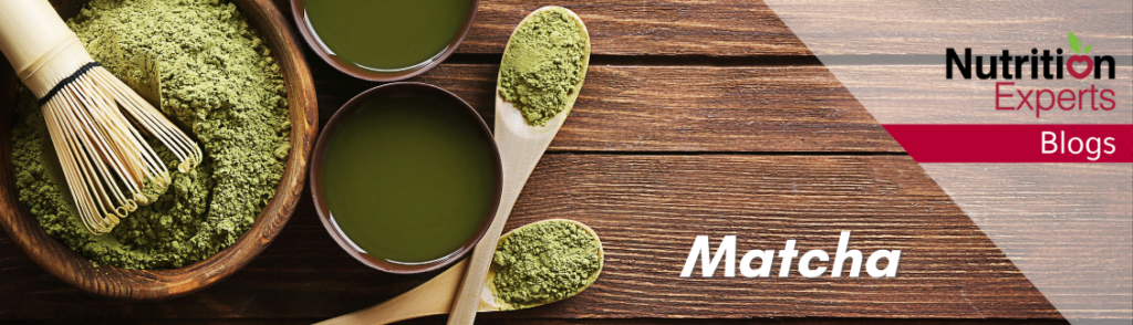Matcha powder and matcha drinks in containers